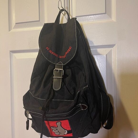 Vintage Disney Mickey Mouse Nylon Black Backpack antique tone hardwares..